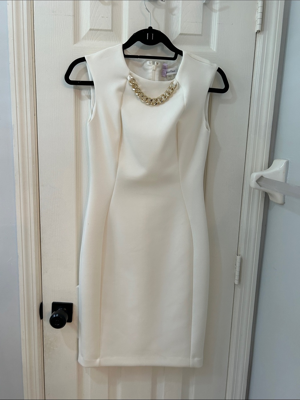 Cream Sleeveless Sheath Dress with Gold Chain